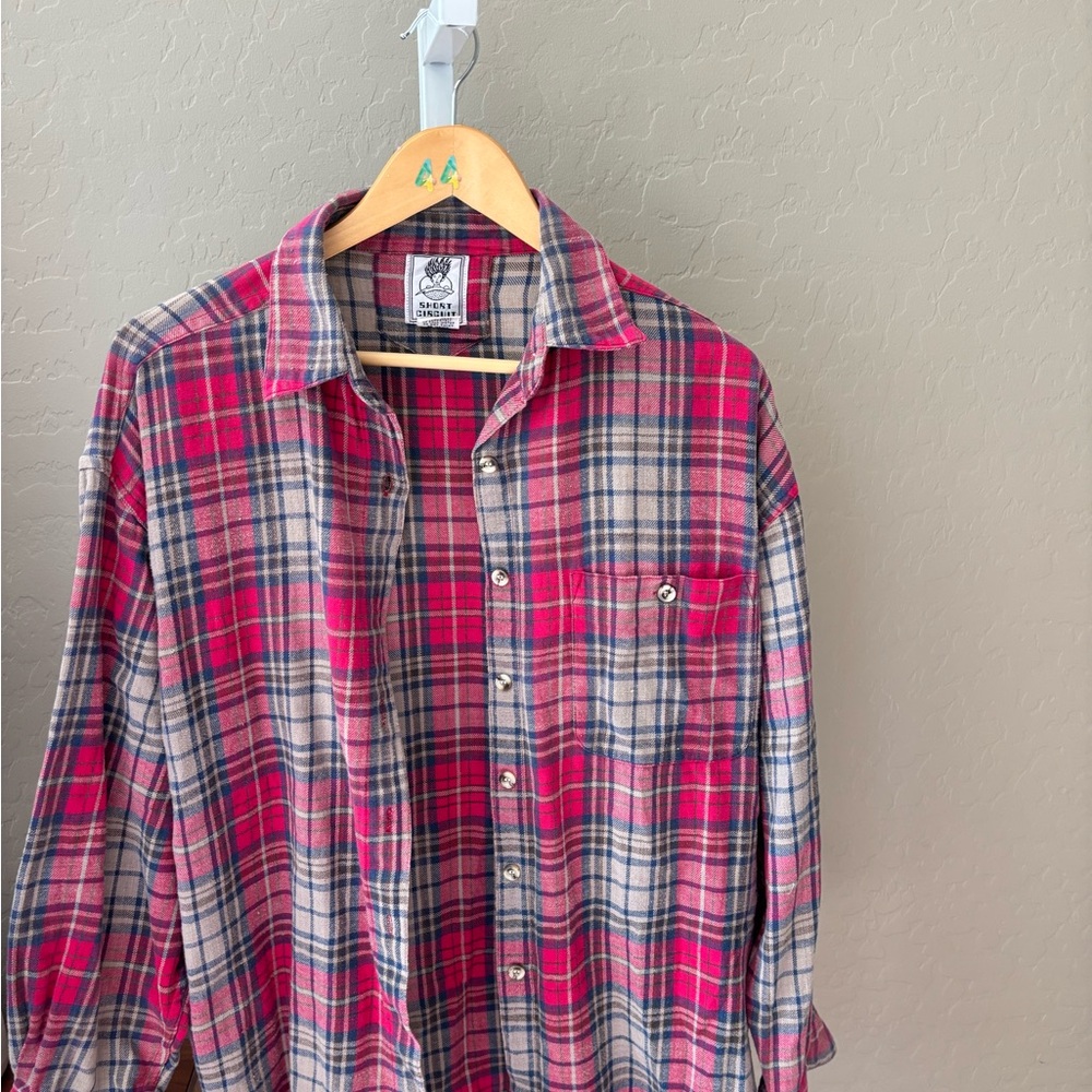 Vintage Plaid Red and Blue button down top ~ L